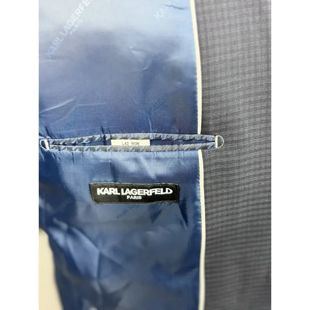 Karl Lagerfield Mens Navy Plaid 42L 2 Piece Suit Pants 36/32
